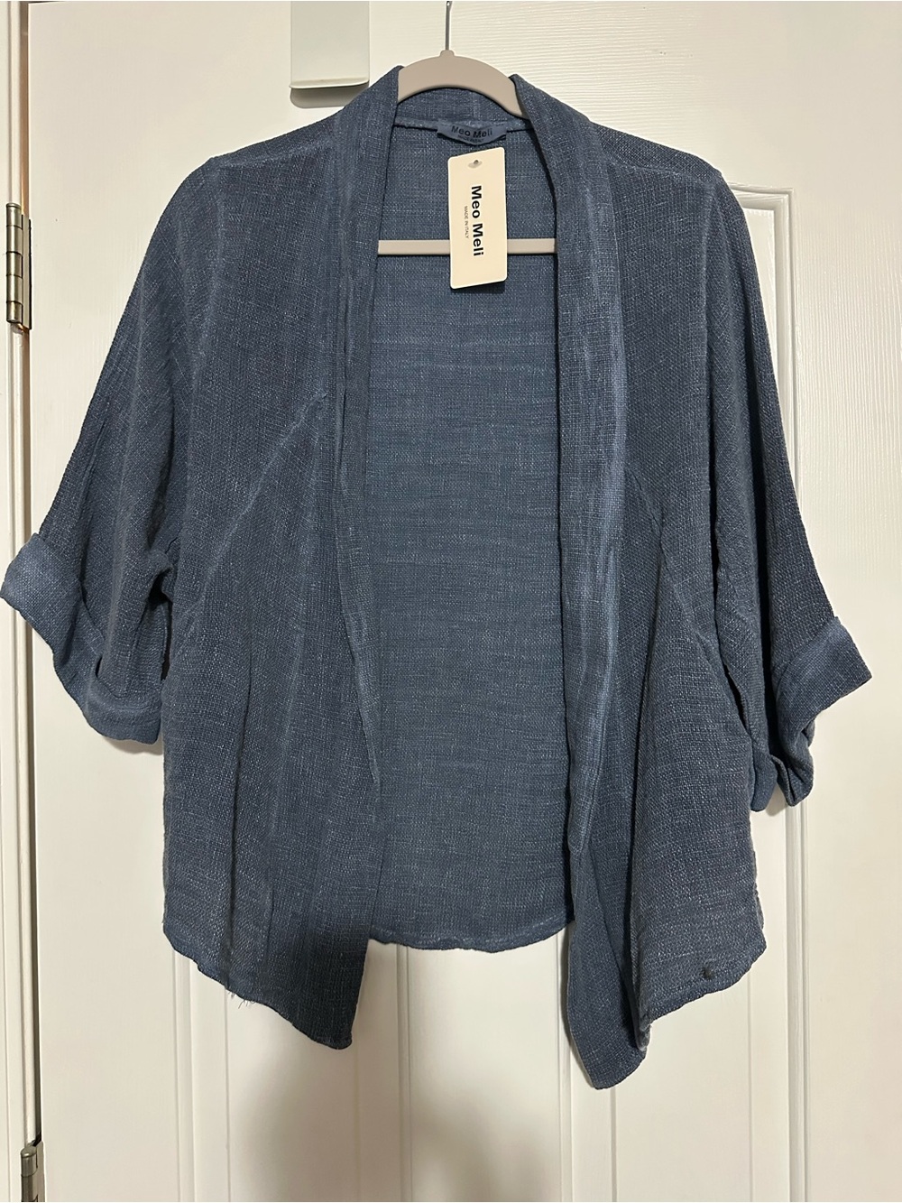 Meo Meli Open Front Blue Lightweight Linen Blend Cardigan